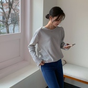 春季韩国Lylon简单休闲风流行中长款显瘦条纹长袖T恤