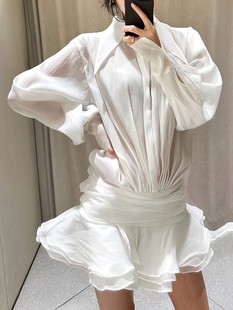 春夏性感浪漫v领修身显瘦荷叶，边白色慵懒衬衫连衣裙