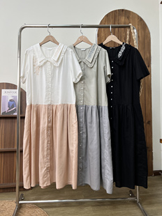 日系夏季甜美刺绣双层娃娃，领拼接短袖，棉麻连衣裙宽松可爱长裙
