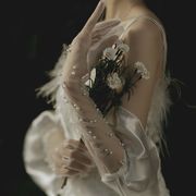 新娘手套花朵长款白色蝴蝶结蕾丝唯美优雅写真拍摄结婚纱珍珠配饰
