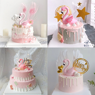 烘焙蛋糕装饰火烈鸟天使翅膀，唯美创意五角星爱心，女神粉色生日插件