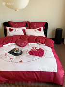 轻奢大红色爱心结婚床单四件套全棉纯棉100S婚庆喜被浪漫床上用品