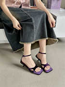 紫色很有韵味2024夏高跟鞋一字带，细跟中跟凉鞋，露趾性感礼服鞋