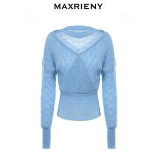 奥莱MAXRIENY蓝色套头蝙蝠衫女冬款复古收腰针织毛衣