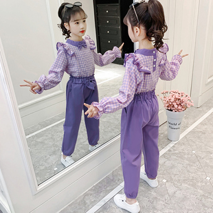 大童女装一米二三四五六年级七八九十岁小孩春天衣服紫色休闲套装