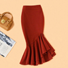 酒红色毛呢半身裙秋冬女不规则，高腰弹力鱼尾，裙中长款羊毛包臀裙子