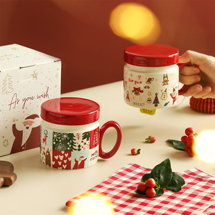 蓝莲花手绘圣诞杯子盖杯陶瓷礼盒送人礼物创意卡通带把水杯马克杯
