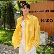 夏季衬衫男长袖个性，明黄色条纹休闲宽松防晒上衣垫肩韩版衬衣