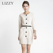 lizzy2023秋圆领七分袖收腰单排扣花苞，裙复古连衣裙配送腰带