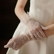 法式婚纱蕾丝手袖短款新娘礼服，手套女白色珍珠花边婚礼晚宴高级感