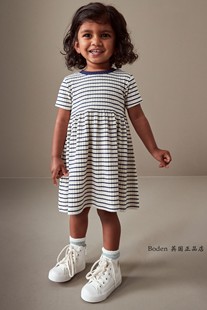 next女童连衣裙2024夏季黑白色，螺纹平织短袖儿童裙3月-7岁