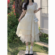 茶歇法式白色连衣裙女夏夏季小个子纱裙蛋糕蓬蓬仙女，长裙子小白裙