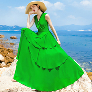2024年夏翠绿色纯色连衣裙，女雪纺长款显瘦气质大摆长裙到脚踝