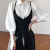 韩国chic法式翻领单排扣灯笼，袖衬衫+后背，蝴蝶结大摆型吊带连衣裙