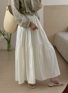 白色百褶半身裙女夏季法式复古高腰显瘦小个子简约中长款蛋糕裙