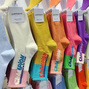韩国袜子女荧光字母中筒袜，春季糖果色，拼接网红街头减龄ins潮棉袜