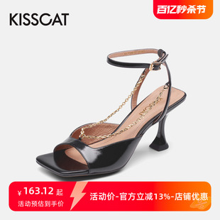 kisscat接吻猫夏季大方头露趾牛皮一字带高跟凉鞋女ka21320-82