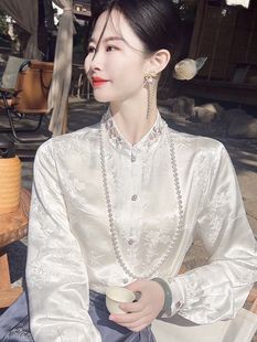 新中式国风复古衬衫上衣早春季气质印花设计感衬衣白色女士