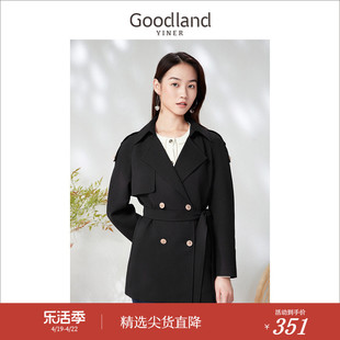 Goodland美地女装春季一手长黑色双排扣麻混纺风衣外套