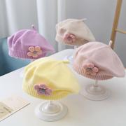 宝宝帽子秋冬季女婴儿可爱花朵，贝雷帽儿童毛线，帽女童针织画家帽潮