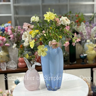 外贸出口北欧小众天蓝色百合郁金香玫瑰原色手工玻璃花瓶花器摆件