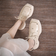 2024小众设计感真皮水钻jk小皮鞋白色甜酷厚底粗跟单鞋松糕乐福鞋