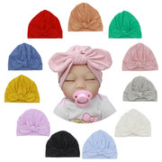 外贸儿童头巾帽纯色棉打结圆顶帽兔耳朵帽子，宝宝印度帽印花套头帽