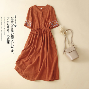 民族风亚麻刺绣连衣裙，女2023夏季系带收腰气质，长裙子宽松森系