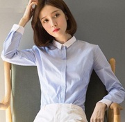 蓝色竖条纹衬衫女长袖，设计感小众时尚修身方领气质职业工装衬衣秋