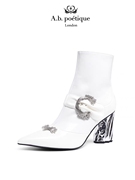 Abpoetique时装靴巴洛克涡卷纹复古优雅白色粗跟短靴时尚靴子女鞋