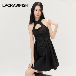 lacrawfish国风新中式连衣裙复古旗袍，立领镂空鱼骨造型，拼接雪纺裙