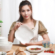 顺祥陶瓷易洁纯白浮雕餐具，套装简约创意轻奢盘子，碗碟套装家用组合
