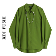 2024春季复古设计感领夹长袖，上衣宽松百搭绿色衬衫衬衣显瘦外套潮