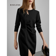 贝茜妮法式复古圆领黑色连衣裙女2023秋季设计感时尚收腰裙子