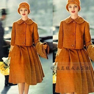 高端定制50年代复古优雅娃娃领羊毛，单排扣外套+大摆半裙名媛套装