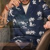 马登工装美式复古巴领椰树沙滩衬衫短袖，夏威夷海边度假印花衬衣男