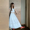 bestu法式复古白色蕾丝，拼接半身裙女夏季高腰显瘦花边长裙