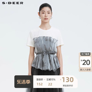 sdeer圣迪奥高级感别致漂亮t恤拼接网纱别致惊艳上衣S20280127