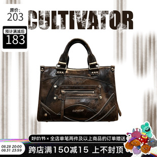 Cultivator原创小众欧美时尚古铜色做旧斜挎手提朋克风摇滚机车包