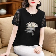 黑色蕾丝短袖t恤女夏季韩版大码，宽松时尚打底衫洋气妈妈上衣