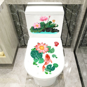 中国风创意马桶贴画装饰贴厕所个性荷花，贴纸翻新马桶盖防水自粘