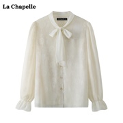 拉夏贝尔/La Chapelle白色系带长袖衬衫女春季气质泡泡袖上衣