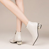 白色马丁靴女春秋季真皮尖头小短靴，粗跟加绒短筒及踝靴单靴子(单靴子)