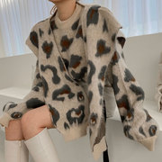韩国chic复古百搭圆领豹纹提花长袖套头毛衣+外搭针织披肩两件套