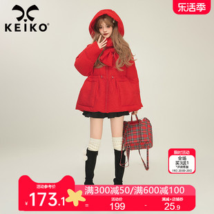 KEIKO 红色蝴蝶结饰显瘦斗篷型棉服加厚冬季新年系列连帽棉衣外套