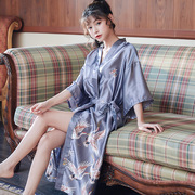 夏季真丝睡衣女士性感睡袍，中长款韩日式(韩日式)和服，系带浴袍丝绸睡裙薄款