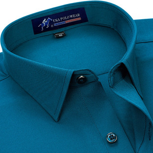 保罗长袖衬衫男秋季时尚商务中年男士爸爸装上衣纯色湖蓝衬衣工装