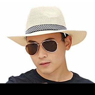 夏天季款大帽檐草帽，遮阳防晒礼帽爵士帽子沙滩，旅游男士中老年网帽