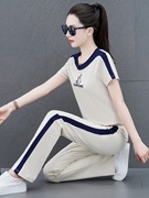 休闲运动套装女夏2023时尚韩版宽松薄款短袖圆领跑步服两件套