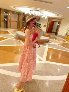 智研 现自留款韩国夏季人手一件度假吊带粉色小雪花长裙度假裙